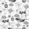 Wok vector hand drawn seamless pattern with lettering. Isolated chinese box, wok and chopsticks