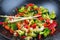 Wok with vegetables and chopsticks on wooden ground