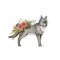 Wolf animal with autumn forest flowers. Watercolor illustration. Wild standing wolf. Floral arrangement decor. Furry
