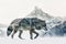 A wolf blended with the silhouette of a snowy mountain peak in a double exposure