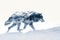 A wolf blended with the silhouette of a snowy mountain peak in a double exposure