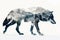 A wolf blended with the silhouette of a snowy mountain peak in a double exposure