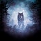 Wolf in a dark mysterious foggy forest