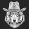 Wolf, Dog. Wild west. Traditional american cowboy hat. Texas rodeo. Print for children, kids t-shirt. Image for emblem