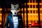 A wolf dressed in a business suit on a man's body against the background of the streets of a night big city with