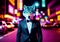 A wolf dressed in a business suit on a man's body against the background of the streets of a night big city with
