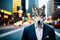 A wolf dressed in a business suit on a man& x27;s body against the background of the streets of a night big city with