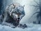 Wolf eating and hunting on the snow