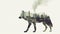 wolf full body silhouette and double exposure of Industrial plant silhouette on background