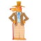 Wolf gentleman in checkered pants with a hat and a cane in his hands, isolated object on a white background, vector illustration