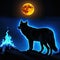 a wolf with a glowing in the dark with a fire and ice background and a black background with a blue light coming from its