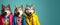 Wolf in a group, vibrant bright fashionable outfits isolated on solid background advertisement