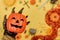 Wolf hand holding pumpkin face with Halloween background. Trick or treat in autumn and fall