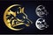 Wolf head silhouette inside half moon in gold, silver and white colors. Side view of wild animal in crescent. Wolf inside demilune