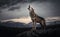 A wolf howling on a rock howling to the moon with blurred background generative AI