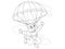 Wolf jumps with a parachute, flying in the sky. Vector isolated, children coloring book.