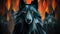 A wolf with orange eyes and a fire in the background, AI