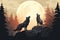 wolf pack stand howl to full moon night lansdscape