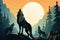 wolf pack stand howl to full moon night lansdscape