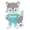 Wolf playing football. Vector illustration of a cute athlete animal. Cute little illustration of wolf for kids, baby