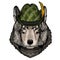 Wolf portrait. Austrian bavarian tirol hat. Beer festival. Oktoberfest. Head of wild animal.