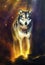 Wolf portrait, mighty cosmical wolf walking from light, beautiful detailed oil painting on canvas.