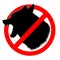 Wolf in prohibiting sign. Emblem, silhouette of a predator. Logo for forbidden. Strikethrough fangs, grin, wool. Isolated on white