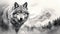 a wolf's face overlaid with forest trees, mountains, and a full moon in the sky, a photo-realistic graphite pencil