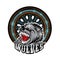 Wolf`s head in center of motorcycle wheel, color label on white