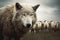 A wolf in sheep\\\'s clothing amidst a flock of unsuspecting sheep, symbolizing deception and disguise