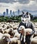 wolf into a sheep skin, wolf in a suit holding a lamb from the flock, city skyline in the background