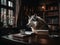 A wolf sitting at a table with a book and a cup of coffee. AI generative image.