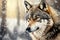 A wolf in the snow with a neutral background, showcasing details of the wolf\\\'s fur and face, and
