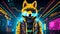 A wolf in a spacesuit against the background of neon lights.