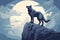 wolf stand on a cliff at full moon night lansdscape AI generated