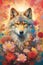 wolf standing amidst a forest filled with vibrant flowers and magical elements