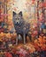 wolf standing amidst a forest filled with vibrant flowers and magical elements