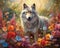 wolf standing amidst a forest filled with vibrant flowers and magical elements