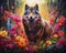 wolf standing amidst a forest filled with vibrant flowers and magical elements