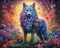 wolf standing amidst a forest filled with vibrant flowers and magical elements