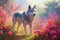 wolf standing amidst a forest filled with vibrant flowers and magical elements