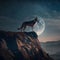 A wolf is standing atop a rocky hillside under the light of a full moon, Generative Ai