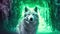 Wolf standing in a snow covered forest illuminated by a beam of white light against a green chroma background. Generative AI