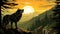 A wolf stands on a mountain top at sunset, AI