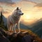 wolf stands proudly on a rocky outcrop, silhouetted against a backdrop of a great mountain landscape.