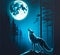 wolf walking in the forest moon night beautiful, generative AI