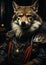 A wolf wearing a medieval costume and a chain, AI