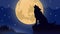 Wolf and yellow moon illustration. Blue night.