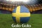 Wolverine on Swedish language on football team ball on big stadium background. Sweden Team competition concept. Sweden flag on bal