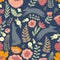 Wolves and colorful stylized flowers. Seamless pattern